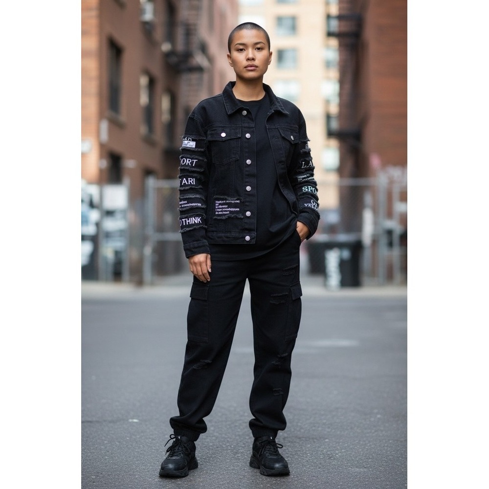 Unisex Varsity Jacket Size S Black Denim Trucker Patch Button Front streetwear